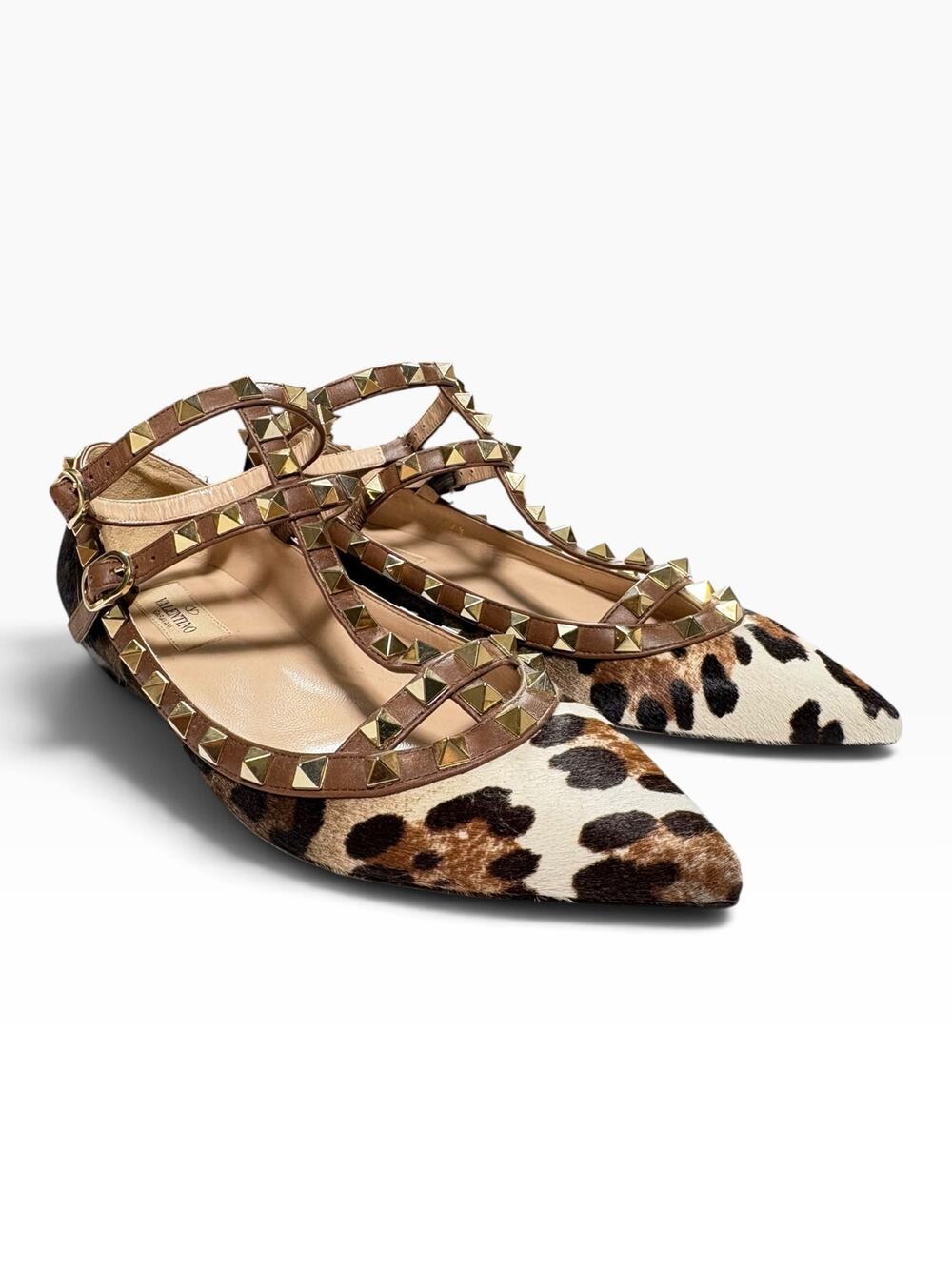 Valentino Garavani Rockstud Leopard Calf Hair Cage Ballet Flats 37.5